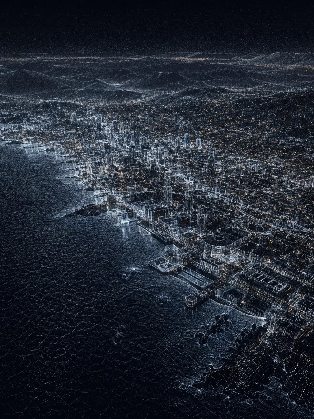 city lights along a coastline at night